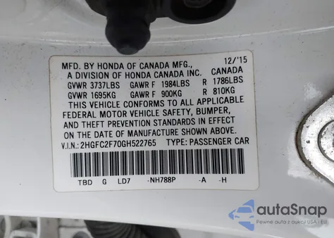 2016 Honda Civic Ex from USA, damaged, VIN 2HGFC2F70GH522765